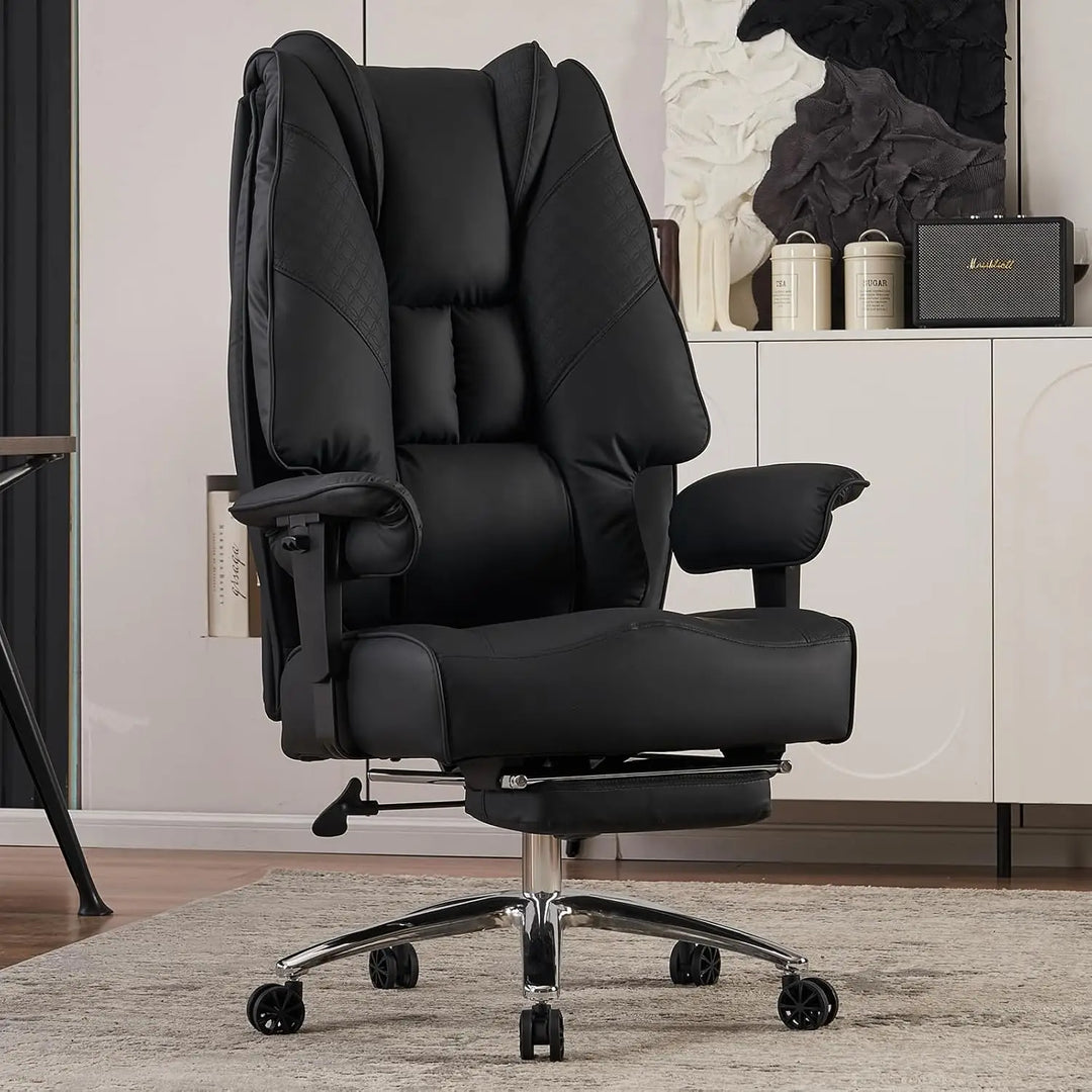 Black leather big and tall executive office chair with high back padded armrests and chrome base for ergonomic support