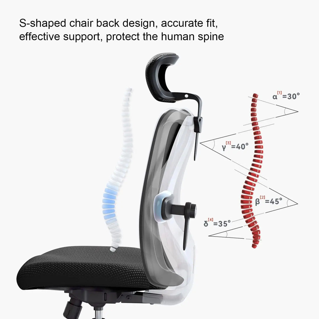 Black mesh big and tall office chair with transparent s-shaped backrest and adjustable head support for ergonomic use