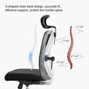 Black mesh big and tall office chair with transparent s-shaped backrest and adjustable head support for ergonomic use
