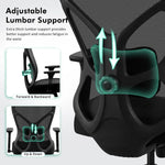 Load image into Gallery viewer, Black mesh big and tall office chair with adjustable translucent teal lumbar support pad shown from back side