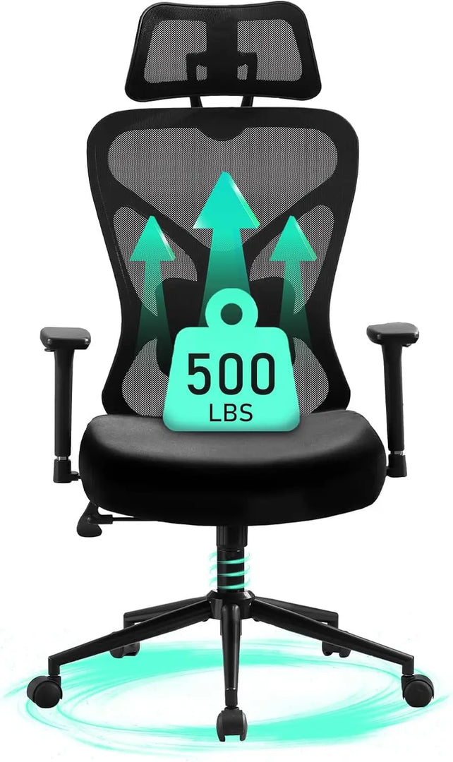 Black mesh big and tall office chair with padded seat adjustable headrest and 500 lbs weight capacity graphic