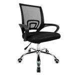 Load image into Gallery viewer, Black office chair with black mesh back, padded seat, armrests, chrome base, and casters for swivel lift use