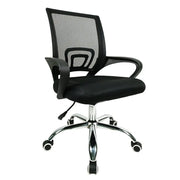 Black office chair with black mesh back, padded seat, armrests, chrome base, and casters for swivel lift use