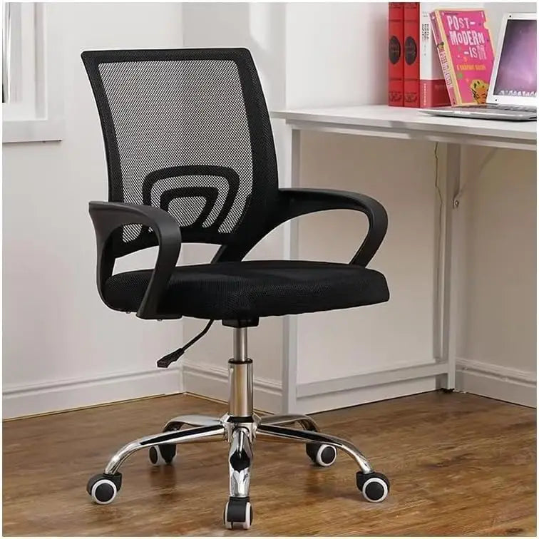Black office chair with black mesh net cloth, curved armrests, swivel lift, and chrome-finished five-wheel base