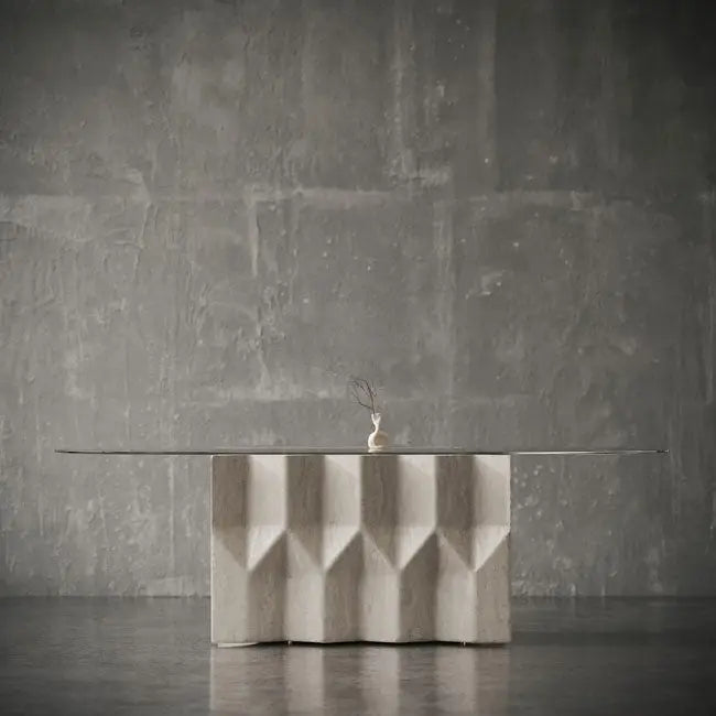 Cascade Dining Table: Elegant Turkish Beige Travertine with Sculpted Base and Glass Top-GCC Home Center