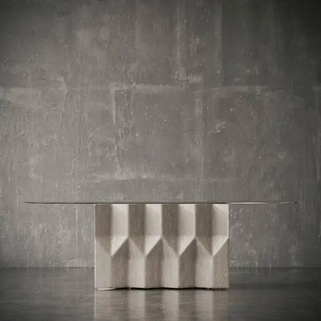 Cascade Dining Table: Elegant Turkish Beige Travertine with Sculpted Base and Glass Top-GCC Home Center