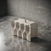 Cascade Dining Table: Elegant Turkish Beige Travertine with Sculpted Base and Glass Top-GCC Home Center