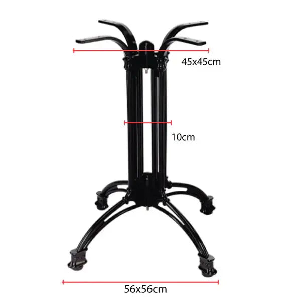 Black metal cast iron heavy 4 leg art deco table base with four curved legs and decorative scrollwork at the top