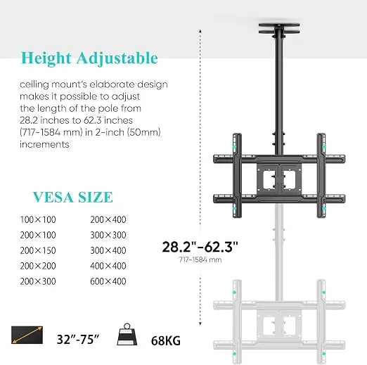 Ceiling TV Mount for 32-75 inch LCD LED 4K TVs, Flat or Curved TVs up to 150 lbs Full Motion TV Bracket with Swivel, Tilt, Max VESA 600x400mm