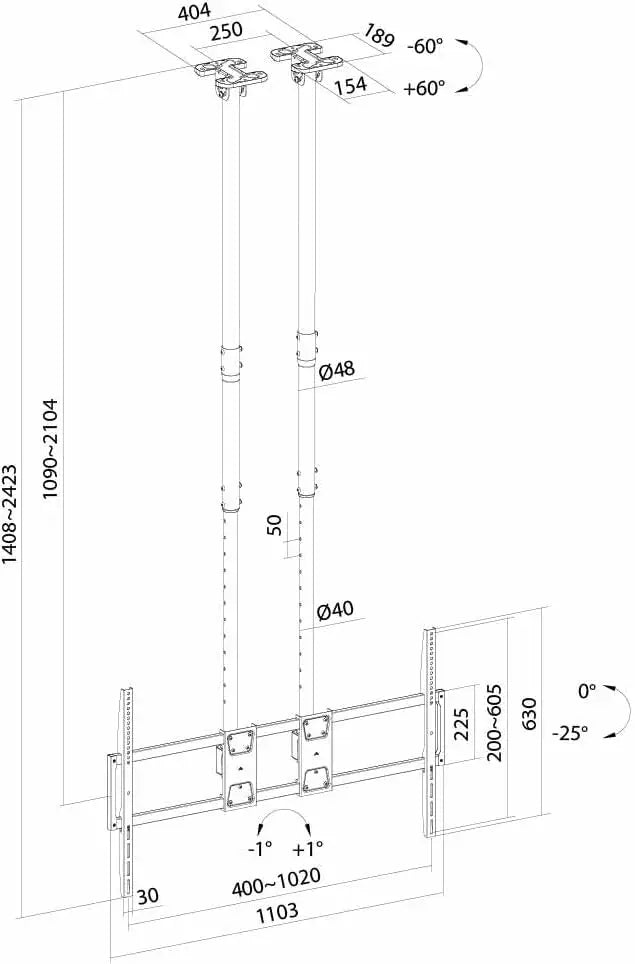 Ceiling TV Mount for 60"–100" TVs, Heavy-Duty Double Rod Ceiling TV Stand, Height Adjustable, Supports up to 120kg, Max VESA 1000x600mm