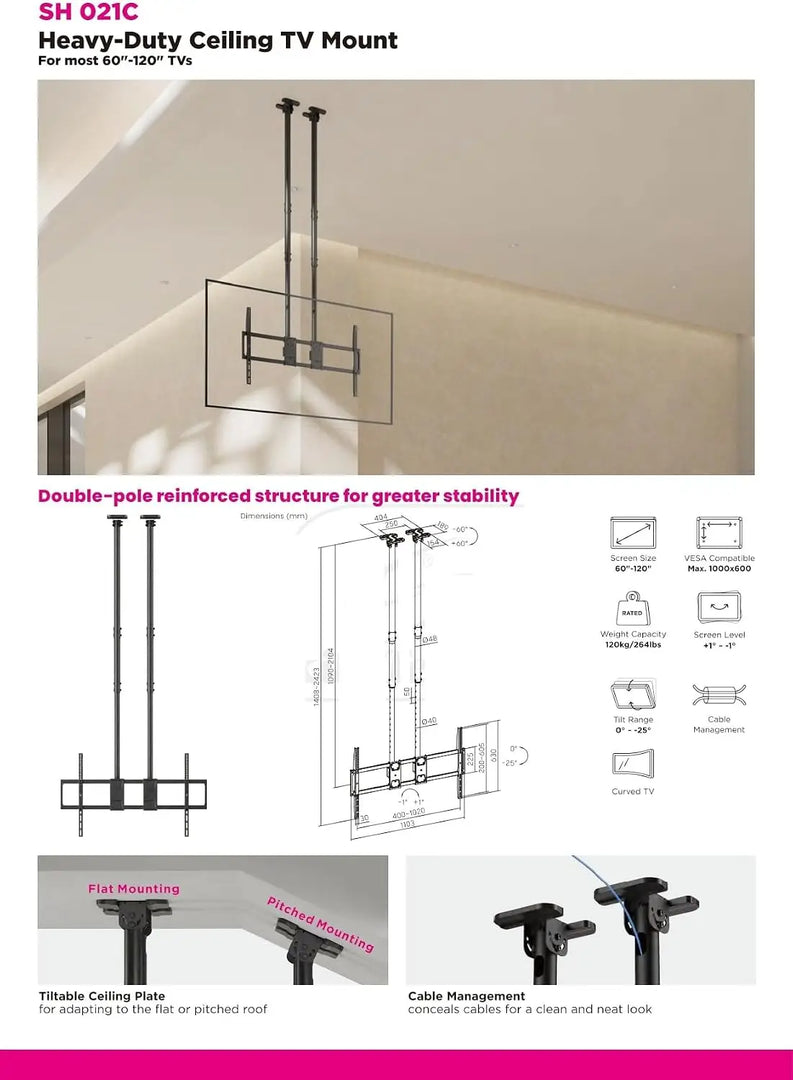 Ceiling TV Mount for 60"–100" TVs, Heavy-Duty Double Rod Ceiling TV Stand, Height Adjustable, Supports up to 120kg, Max VESA 1000x600mm