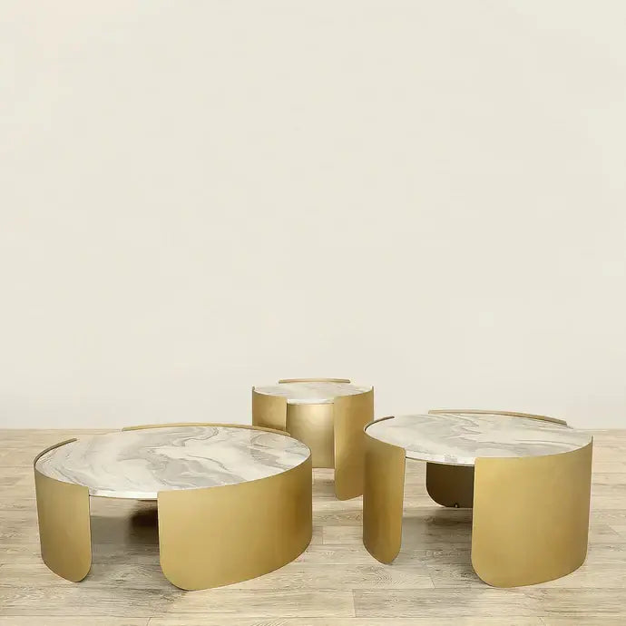 Coffee & Side Table Set – Sintered Stone & Brushed Gold / Faux Marble & Coffee Brown Base
