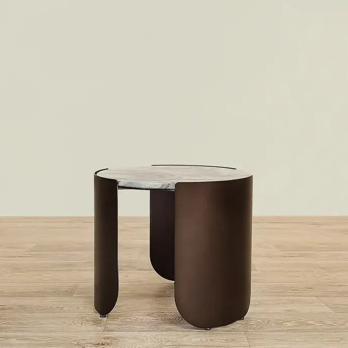 Coffee & Side Table Set – Sintered Stone & Brushed Gold / Faux Marble & Coffee Brown Base
