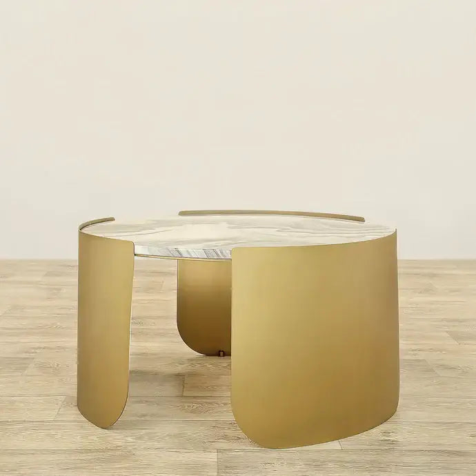 Coffee & Side Table Set – Sintered Stone & Brushed Gold / Faux Marble & Coffee Brown Base