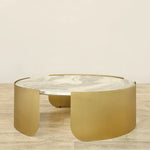 Load image into Gallery viewer, Coffee &amp; Side Table Set – Sintered Stone &amp; Brushed Gold / Faux Marble &amp; Coffee Brown Base