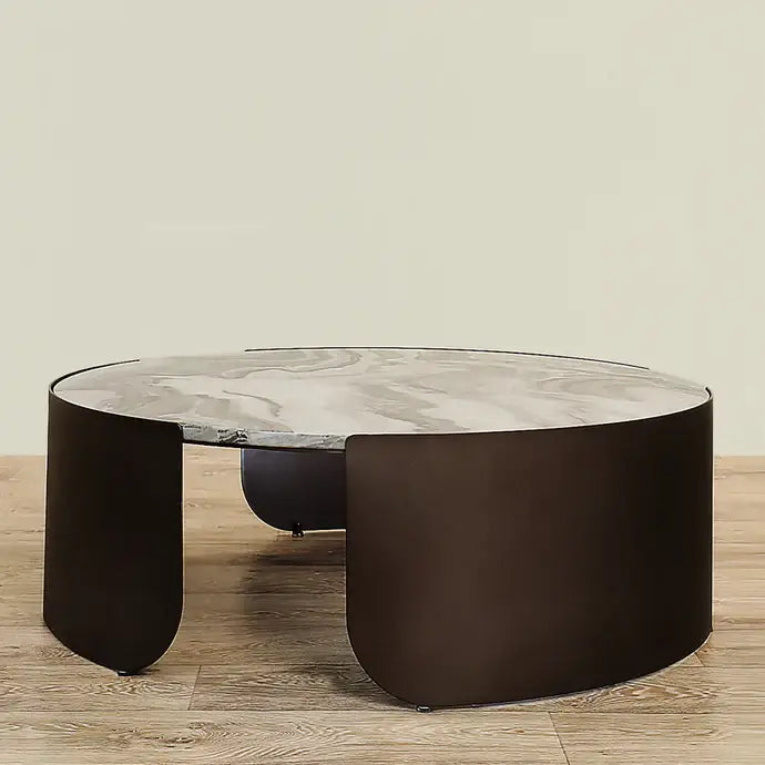 Coffee & Side Table Set – Sintered Stone & Brushed Gold / Faux Marble & Coffee Brown Base