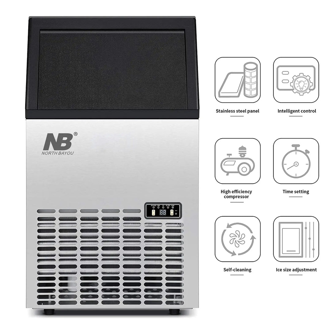 Arabian Mall Commercial Stainless Steel Ice Maker (45kg/24H Output, 15kg Storage Bin) – Black & Silver