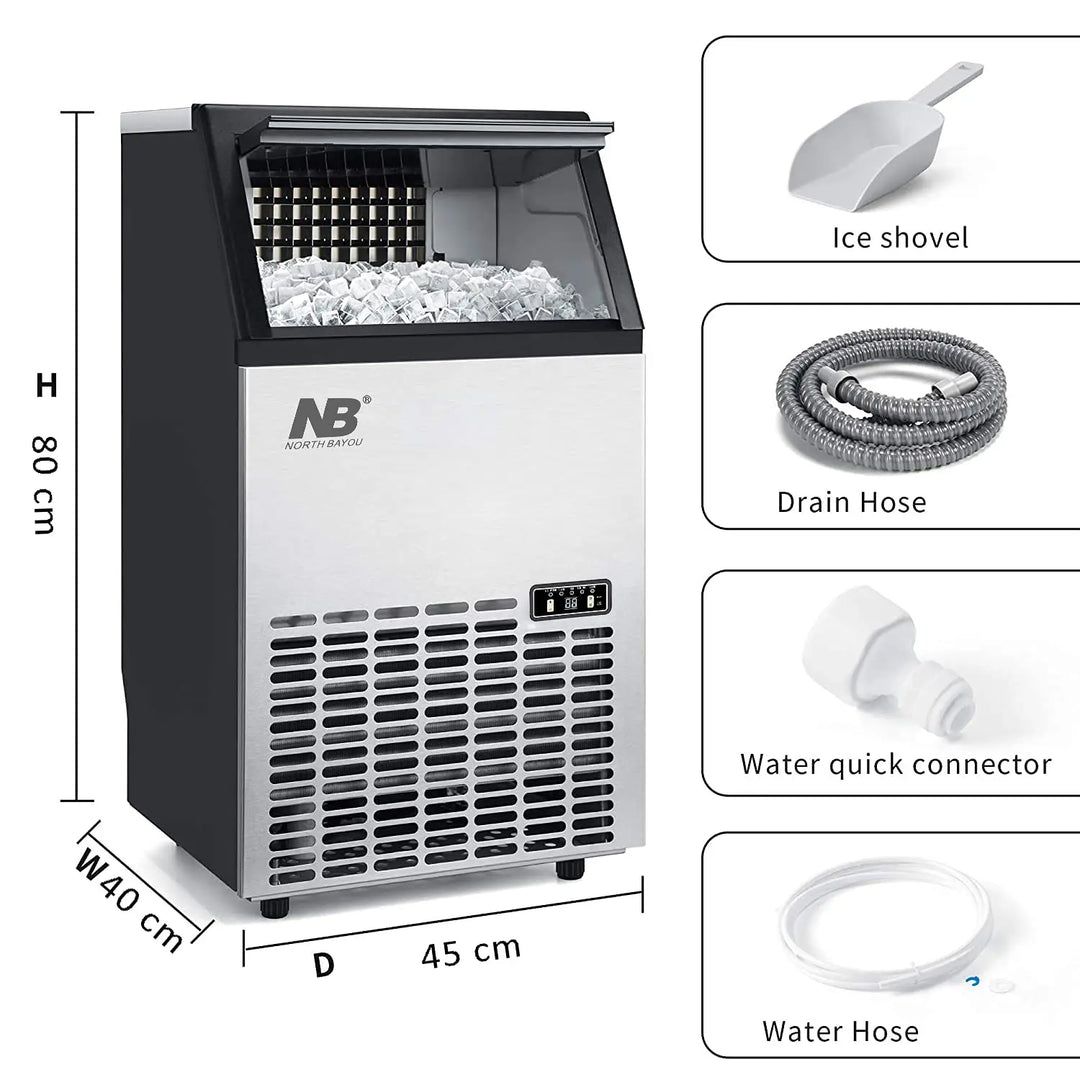 Arabian Mall Commercial Stainless Steel Ice Maker (45kg/24H Output, 15kg Storage Bin) – Black & Silver