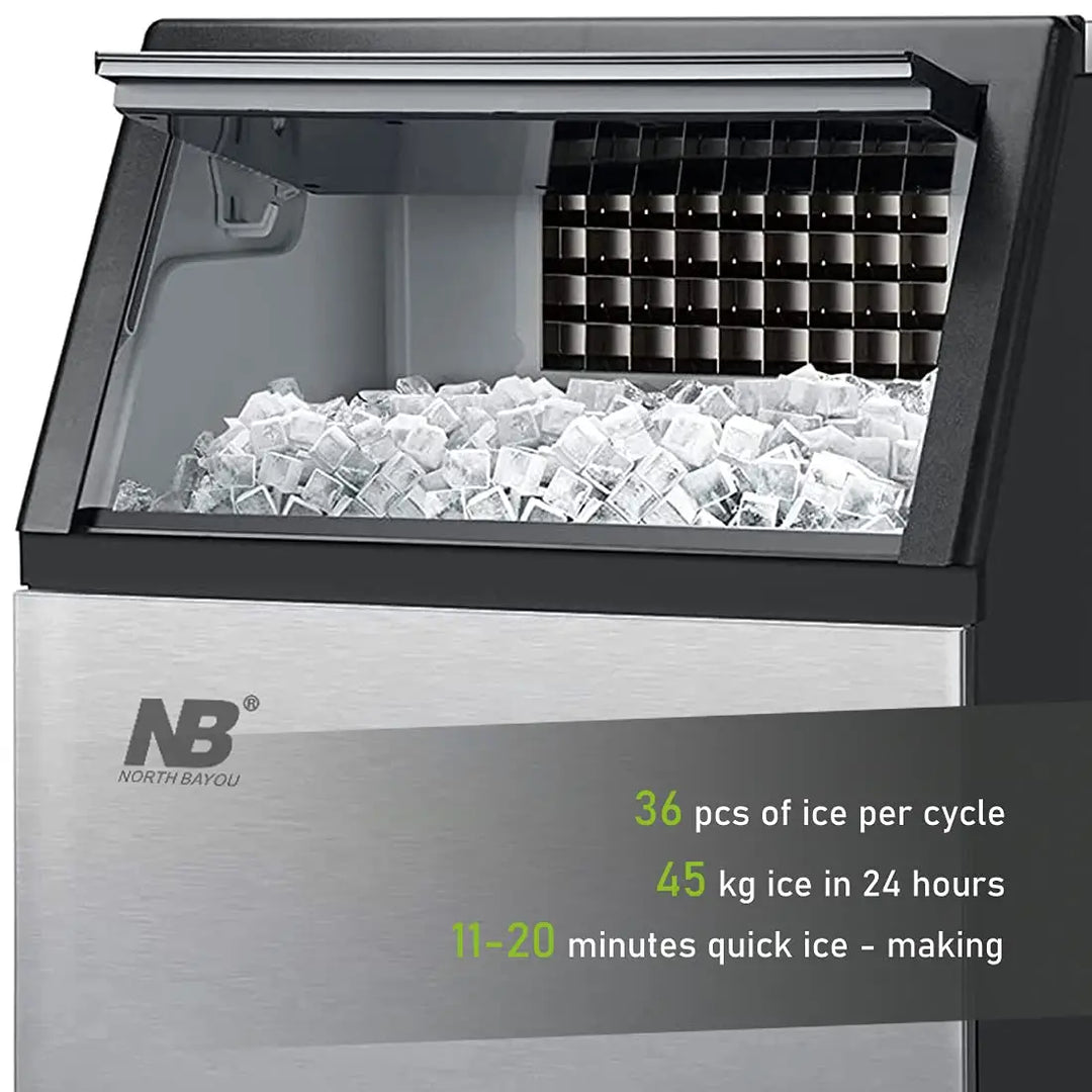 Arabian Mall Commercial Stainless Steel Ice Maker (45kg/24H Output, 15kg Storage Bin) – Black & Silver