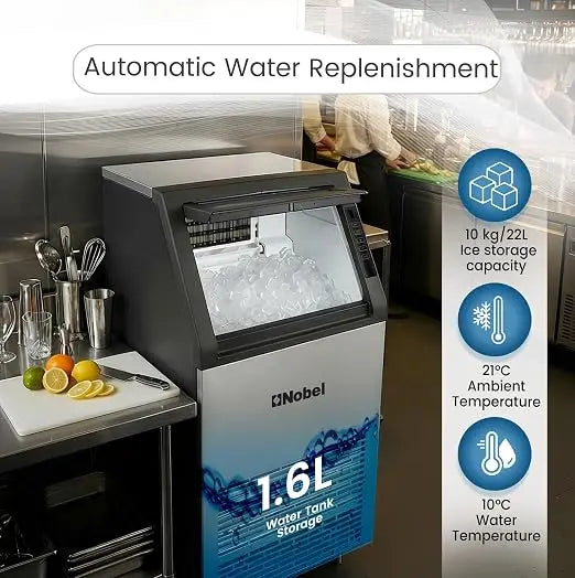 Commercial Ice Maker Machine 45Kg/24Hr 10Kg Ice Storage, Fast Cube Ice in 12–20 Minutes, LED Display, Auto Water Refill – NIM60C