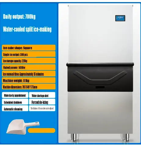 Commercial Ice Maker Machine, Water-Cooled Split Type, 700kg Daily Output, 220kg Storage, Square Ice Cubes, Auto Cleaning