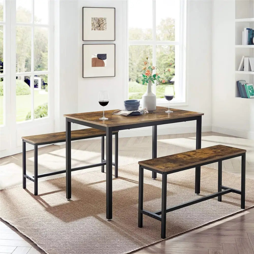 Compact Industrial Dining Table  with Benches – 3-Piece Space-Saving Rustic Brown Furniture for Kitchen, Dining, and Living Room-GCC Home Center