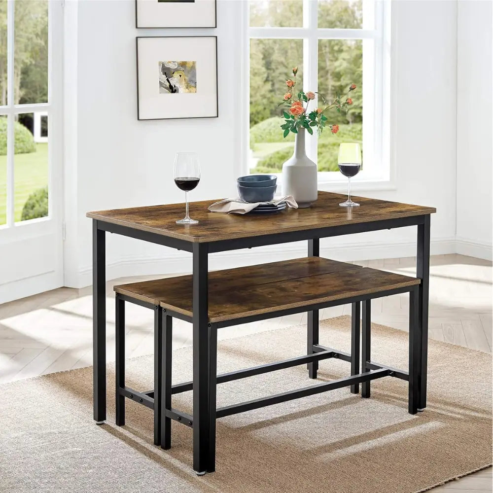 Compact Industrial Dining Table  with Benches – 3-Piece Space-Saving Rustic Brown Furniture for Kitchen, Dining, and Living Room-GCC Home Center