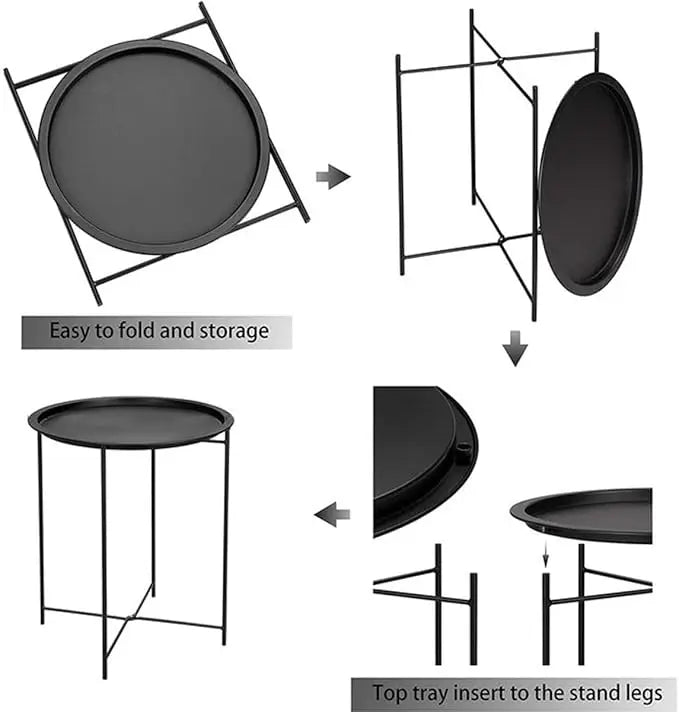 Compact Round Metal Coffee Table – 47×47×51 cm with Tray Top, Foldable Design, Lightweight & Waterproof