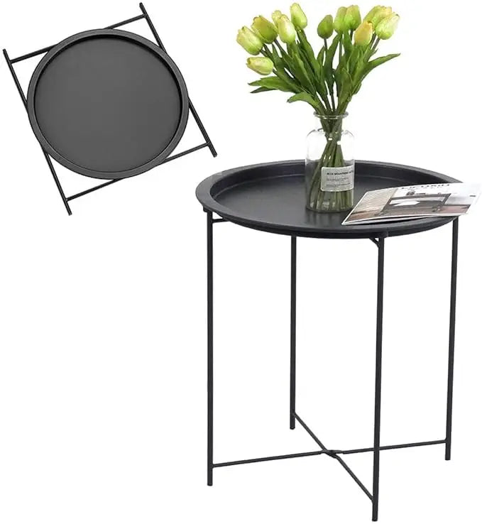 Compact Round Metal Coffee Table – 47×47×51 cm with Tray Top, Foldable Design, Lightweight & Waterproof