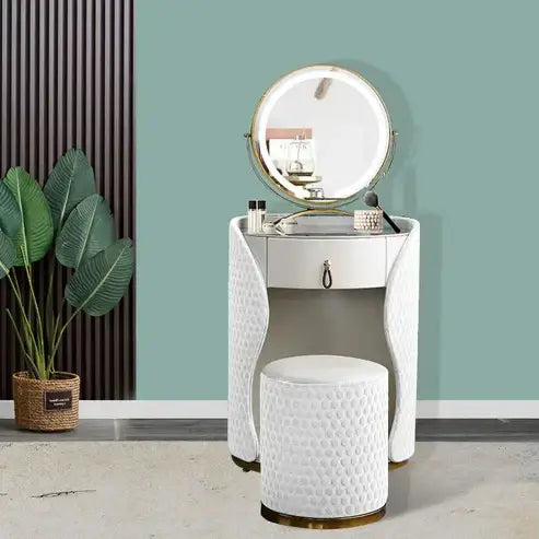 Compact White Makeup Vanity Table with LED Mirror and Folding Bench-GCC Home Center