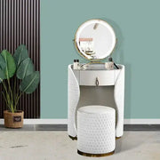 Compact White Makeup Vanity Table with LED Mirror and Folding Bench-GCC Home Center