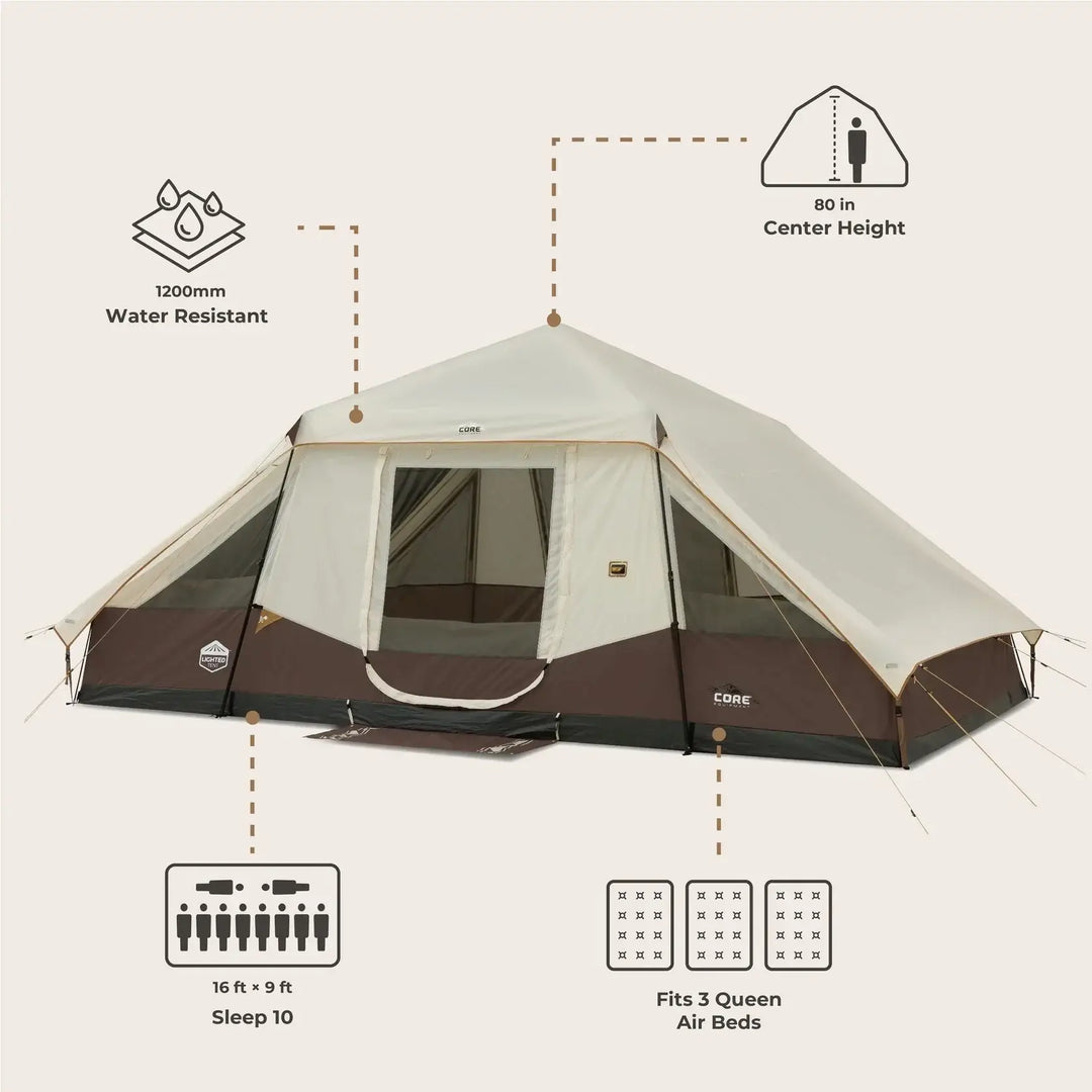 CORE 10 Person Lighted Instant Pyramid Tent 16' x 9'