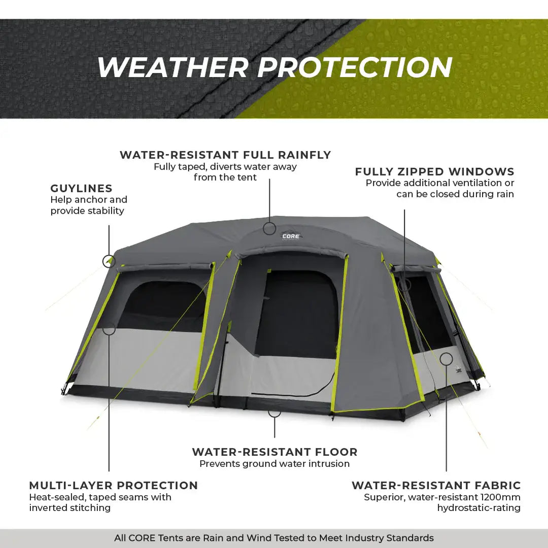 Core 9 Person Instant Cabin Tent with Full Rainfly – 14' x 9'