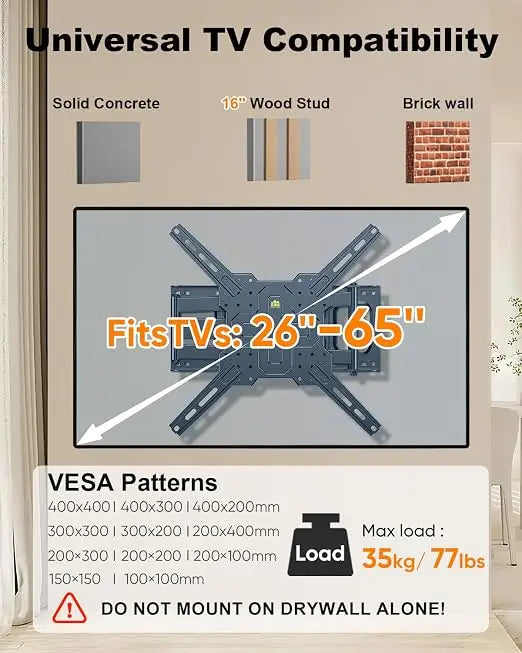Corner TV Mount with 25.6" Long Arm,Landscape to Portrait Full Motion TV Wall Mount Swivel Tilt Heavy Duty for 26-65''Screens, Load 77lbs,Max VESA 400x400mm, Fit 16''Stud