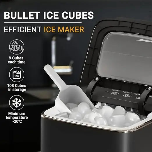 Countertop Ice Maker, Compact Bullet Ice Cube Maker, 12kg/26 lbs in 24H, Self-Cleaning Nugget Ice Machine, 9 Cubes in 6 Mins, Ideal for Home Kitchen Office RV Use, Ice Scoop & Basket Included