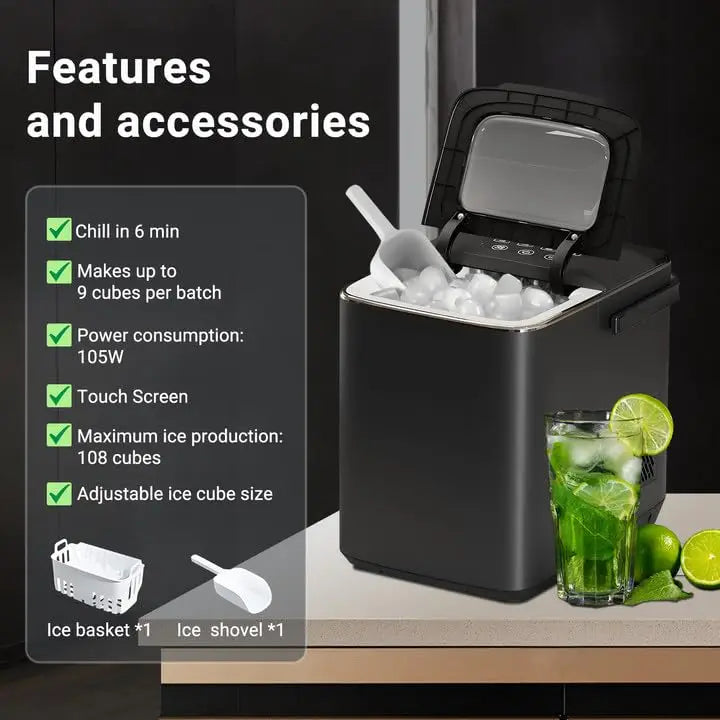 Countertop Ice Maker, Compact Bullet Ice Cube Maker, 12kg/26 lbs in 24H, Self-Cleaning Nugget Ice Machine, 9 Cubes in 6 Mins, Ideal for Home Kitchen Office RV Use, Ice Scoop & Basket Included