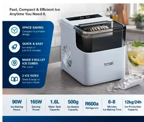 Countertop Ice Maker Machine – 12kg/24Hrs, 9 Bullet Cubes in 6-8 Mins, 1.6L Water Tank, 2 Ice Sizes (Small/Large), Portable Automatic Ice Maker with Scoop & Removable Basket – 165W Energy Efficient for Home, Kitchen, Office, RV, Camping & Bars