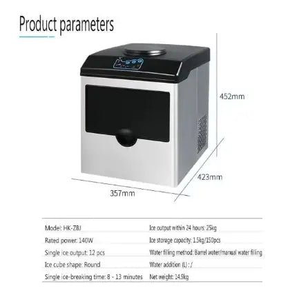 Countertop Ice Maker Machine, 25kg/24hrs, Round Ice Cubes, 3 Size Selection, Dual Water Inlet, 140W, Model HK-ZBJ