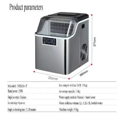 Countertop Ice Maker Machine, 30kg Daily Output, 150W, Stainless Steel