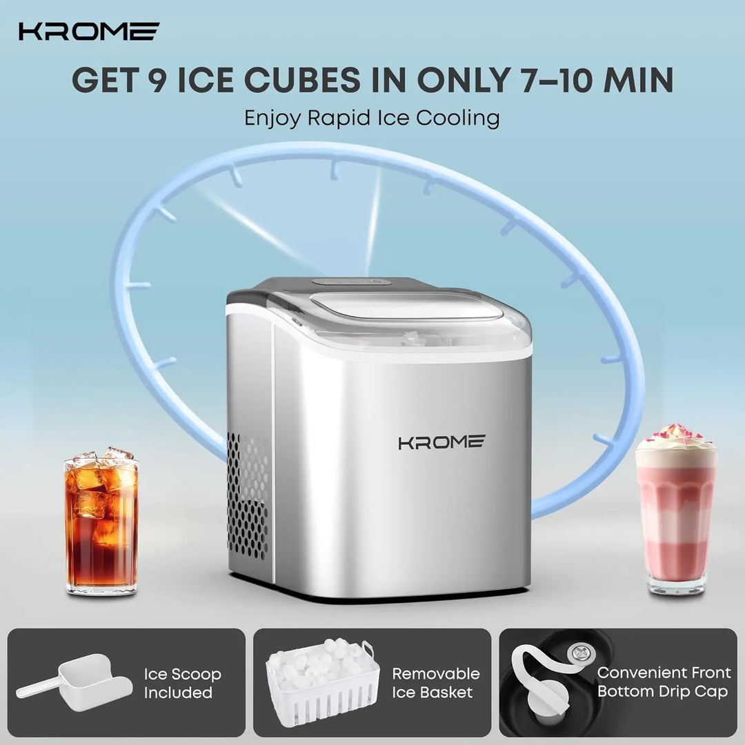Countertop Ice Maker Machine with LED Display, Auto Clean Function, 9 Bullet Ice Cubes per Cycle, Ice Scoop Included, Portable Stainless Steel Ice Machine for Home, Bar and Party Use KR-IM12SH