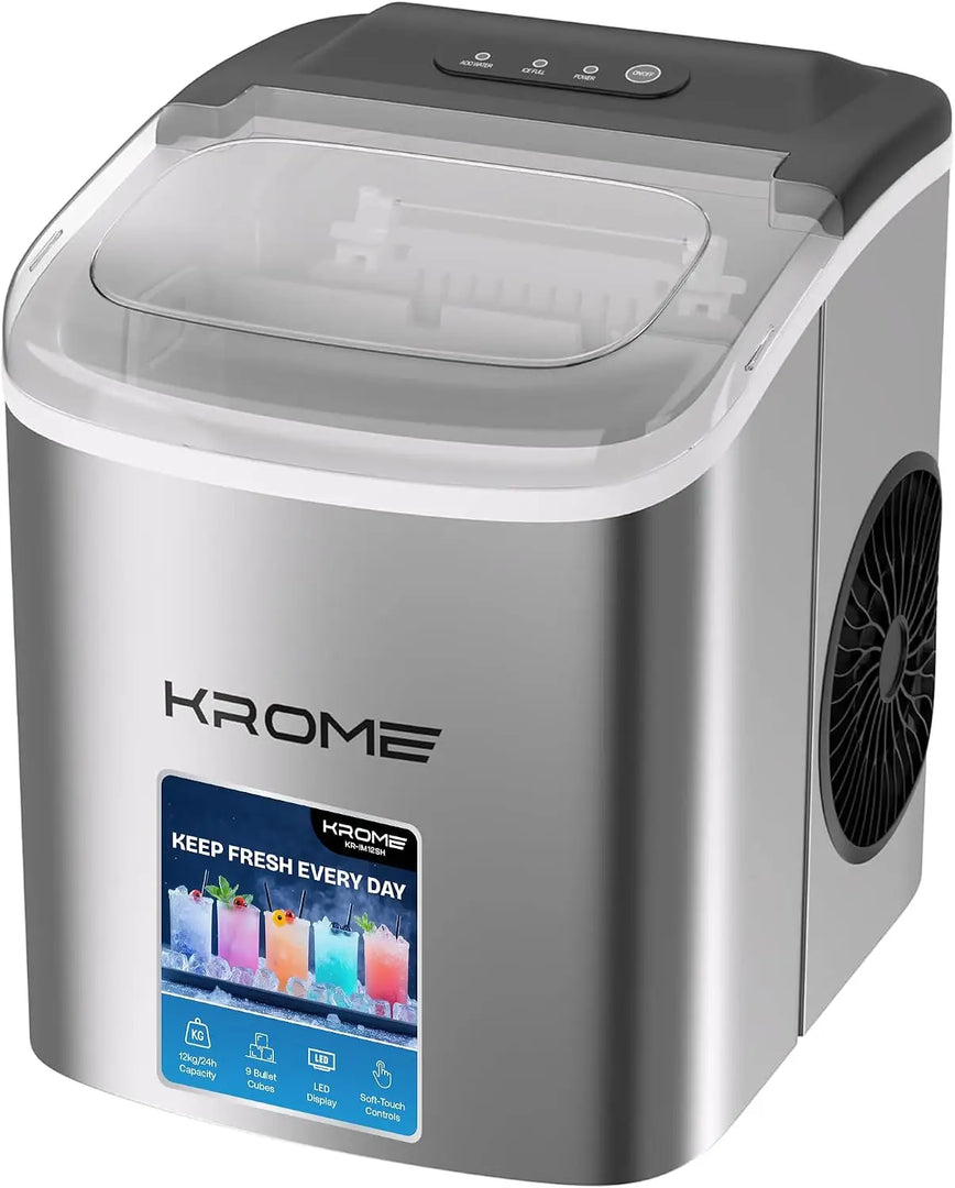 Countertop Ice Maker Machine with LED Display, Auto Clean Function, 9 Bullet Ice Cubes per Cycle, Ice Scoop Included, Portable Stainless Steel Ice Machine for Home, Bar and Party Use KR-IM12SH