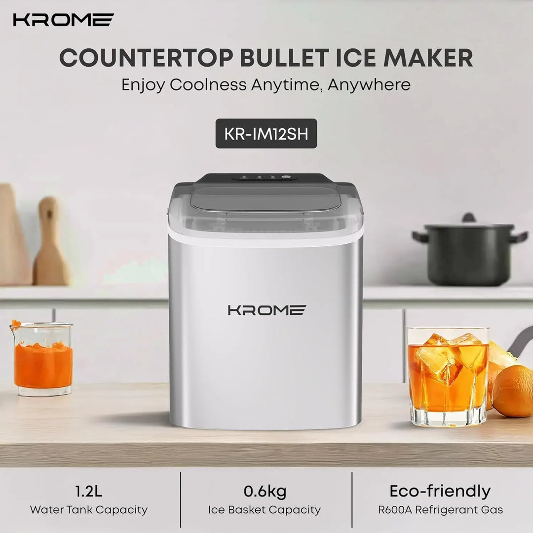 Countertop Ice Maker Machine with LED Display, Auto Clean Function, 9 Bullet Ice Cubes per Cycle, Ice Scoop Included, Portable Stainless Steel Ice Machine for Home, Bar and Party Use KR-IM12SH