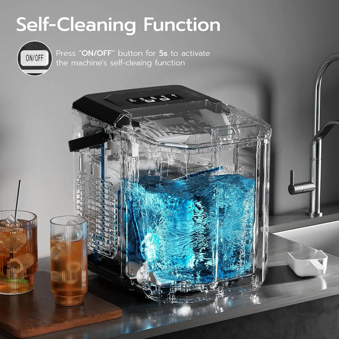 Countertop Ice Maker, Portable Ice Machine with Self-Cleaning Function, 9 Bullet Ice Cubes in 6 Mins, Includes Basket and Scoop, Ice Making Machine, Ideal for Home, Kitchen, Party, Travel, Camping, Bar