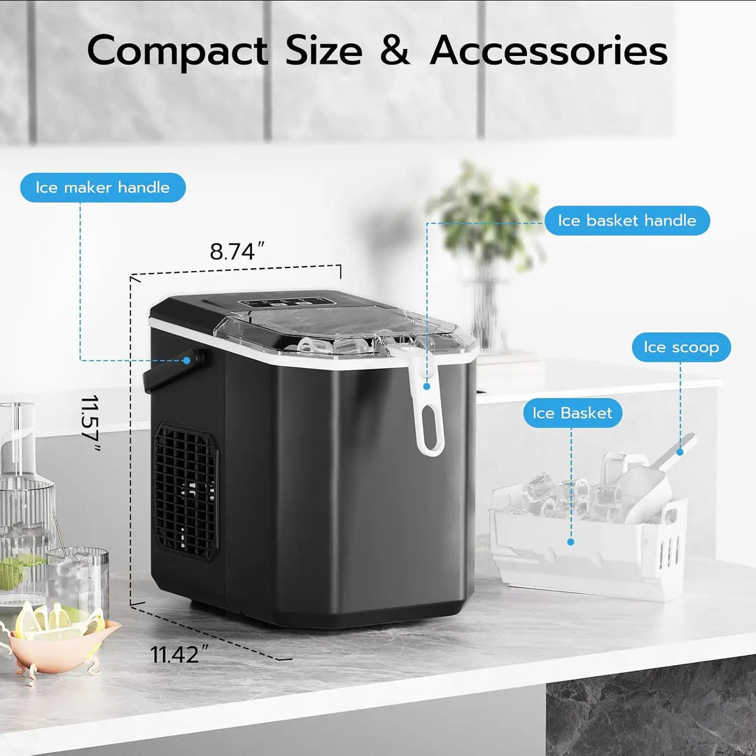 Countertop Ice Maker, Portable Ice Machine with Self-Cleaning Function, 9 Bullet Ice Cubes in 6 Mins, Includes Basket and Scoop, Ice Making Machine, Ideal for Home, Kitchen, Party, Travel, Camping, Bar