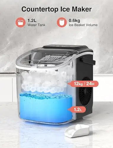 CROWNFUL Countertop Ice Maker with Handle, Makes 9 Bullet Ice Cubes in 6 Minutes, 12 kg/24 Hours, Self-Cleaning Portable Ice Machine with Scoop and Basket for Home, Kitchen, Office and Parties