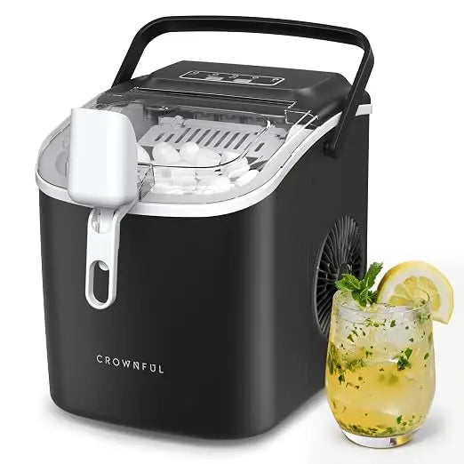 CROWNFUL Countertop Ice Maker with Handle, Makes 9 Bullet Ice Cubes in 6 Minutes, 12 kg/24 Hours, Self-Cleaning Portable Ice Machine with Scoop and Basket for Home, Kitchen, Office and Parties