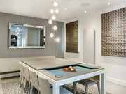 Dining pool table 7.5ft with white frame grey oak top blue felt surface and wooden rack holding colorful billiard balls