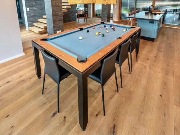 Modern dining pool table 7.5ft with gray felt surface and warm vintage oak wood frame in black and vintage oak finish