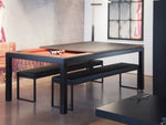 Load image into Gallery viewer, Black convertible dining pool table 7.5ft with vintage oak dining top and integrated seating in black and vintage oak finish
