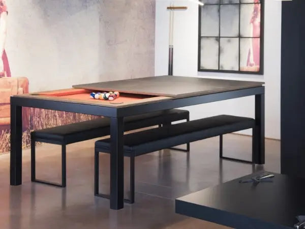 Black convertible dining pool table 7.5ft with vintage oak dining top and integrated seating in black and vintage oak finish